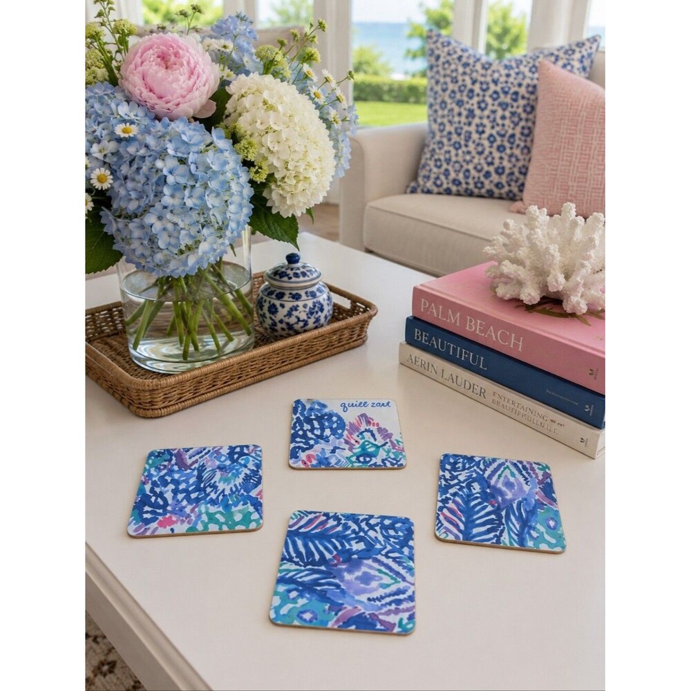 Set Of 4 Handmade Coasters Beachy Cottage Coastal Entertaining Hostess Preppy